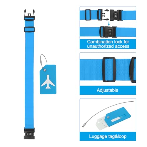 Image of PATIKIL Luggage Strap with Combination Lock Luggage Tag and Loop 78 inchx2 inch, 4 Set Adjustable Suitcase Belt for Travel Packing Bag Closure Identify, Sapphire Blue