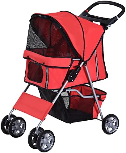 PawHut Cochecito Plegable Mascotas Carrito para Perros Gatos con Cuatro Ruedas Cesta de Almacenaje Ventanas y Portavasos Tela Oxford Marco de Acero 75x45x97 cm Rojo