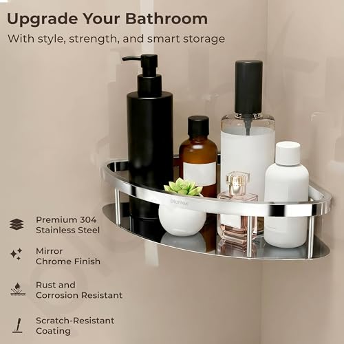Image of Plantex Bathroom Corner Shelf for Wall Mount /304 Grade Stainless Steel Corner Shelf for Bathroom with Railings /Bathroom Accessories Holder (9x9 inches, Chrome)