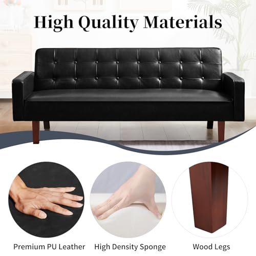 Image of Faux Leather Couch, Mid Century Modern Sofa with Memory Foam, Comfy 3 Seater Couch for Small Spaces, Living Room, Office, Black