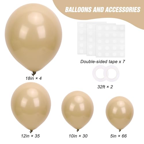 Image of RUBFAC 135pcs Vanilla Brown Balloons, Latex Light Brown Balloon Different Sizes 18 12 10 5 Inch for Garland Arch Wedding Baby Shower Birthday Party Decorations