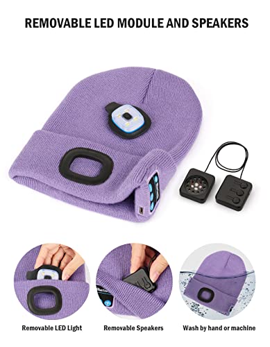 Image of Wmcaps Bluetooth Beanie with a Light, Unisex USB Rechargeable 4 LED Fashlight Hat with Cordless Headphones, Unique Christmas Birthday Gifts for Men Him Husband Teen Purple