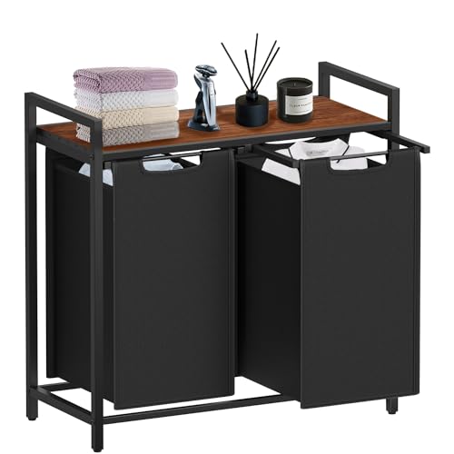 Gawentiny Laundry Basket Organizer, Laundry Hamper with Top Shelf & 2 Pull-Out Removable Bags, 2 x 46 Litres, Dirty Clothes Hamper Organizer for Laundry Room Bathroom and Dorm