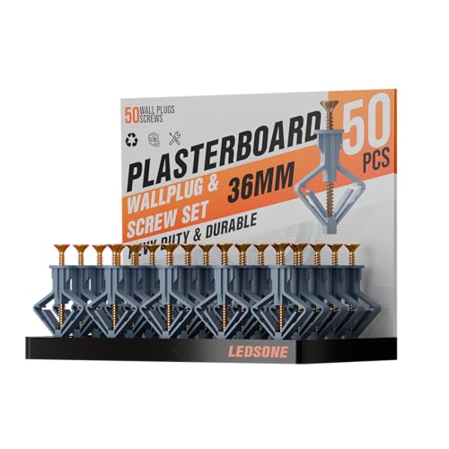 LEDSone 50 PCS Plasterboard Wall Plugs and Screws Plasterboard Fixings Dry Wall Fittings Heavy Duty Anti-Rotational Expansion Tube Plasterboard Anchor Screws for TV Wall Brackets Hollow