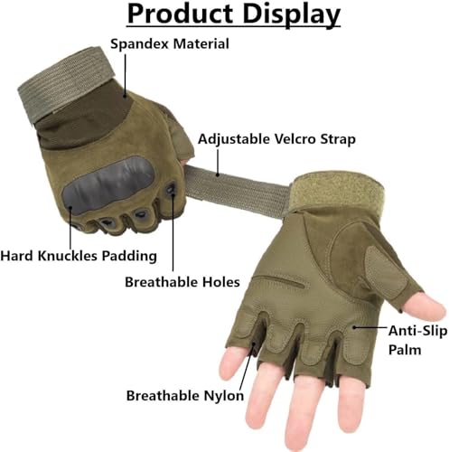 Image of Tactical Riding Gloves for Men - Half-Finger Motorcycle Gloves with Rubber Knuckle Guard, Non-Slip Grip & Palm Padding - Ideal for Bike Riders, Sports, Camping Army Style and Outdoors (Green)
