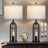 27' Black Table Lamp for Living Room,Black Table Lamps Set of 2 with USB & AC Outlet, 3-Way Dimmable Farmhouse Lamps for Night Stands, Vintage Bedside Lamp for End Tables, Nightstand Lamps for Bedroom