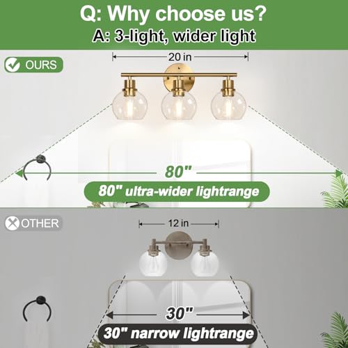 Image of Indoi 3-Light Bathroom Light Fixtures, Brushed Gold Modern Vanity Lights Over Mirror with Clear Glass Globe Shade, Bathroom Wall Sconces for Mirror Kitchen Living Room Hallway Cabinet Bedroom Porch