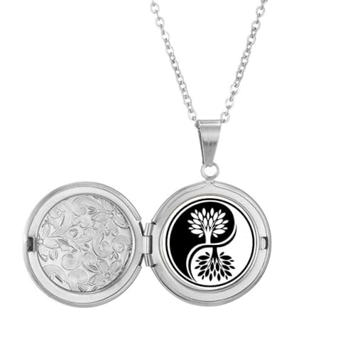 Collier médaillon rond Yin-yang blanc pendentif ouvrant porte-photo pour femme
