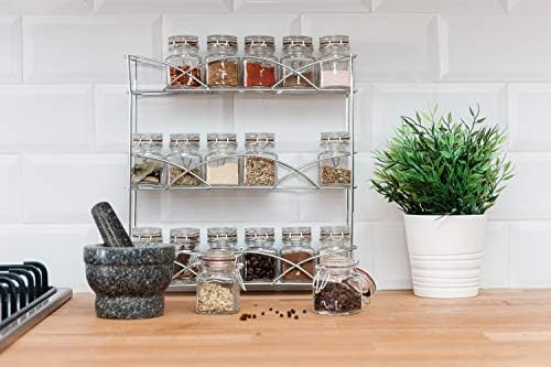 FiNeWaY 3 Tier Freestanding Spice & Herb Rack- Non Slip Storage Organiser Store Up To 21 Spice Or Herb Bottles - Kitchen & Pantry Space Saving Countertop Solution (Chrome)