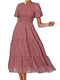 BerryGo Womens Summer Chiffon Midi Dress Short Sleeve Flowy Smocked Crewneck A Line Tiered Wedding Guest Dresses 2026(Rust Red,Medium)