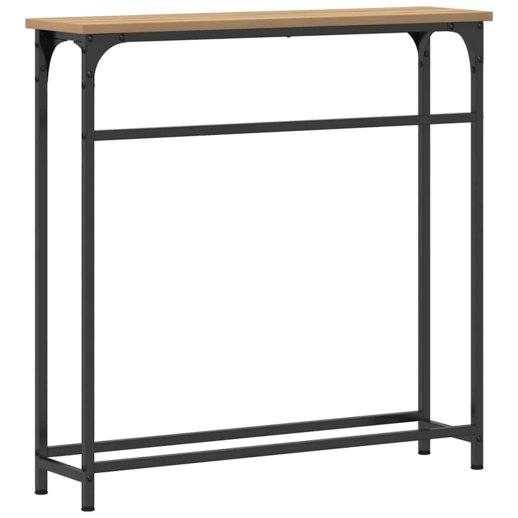 Stolik konsolowy z dębu Artisan, 75 x 19,5 x 75 cm, wąski stolik pomocniczy z czarną ramą stalową, trwały materiał drewnopochodny do salonu, przedpokoju lub sypialni