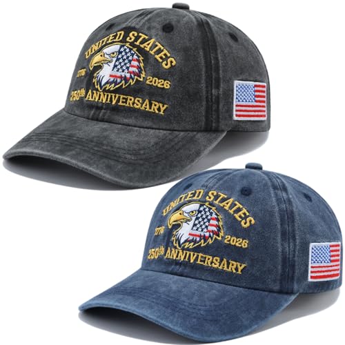 2 PCS 250th Anniversary USA Hat, United States 250 Year American Anniversary Baseball Cap 1776-2026 American Eagles Patriotic Embroidered Hats for Men Women Black