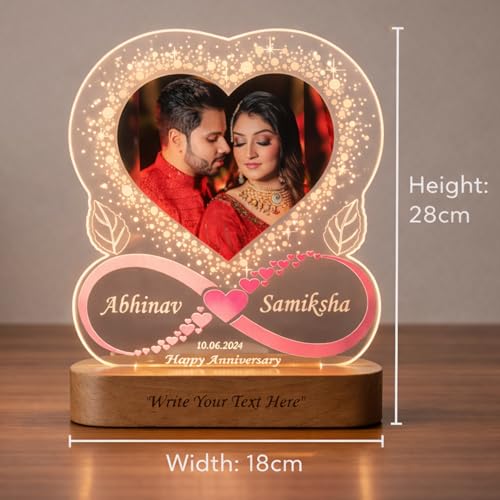 Image of Acrylic 3D LED Photo Lamp, Personalized Heart Shape, Digital UV Printed Photo, for Couples, Wife, Husband, Parents, Customized Photo, Name and Date,Multicolor 28CM