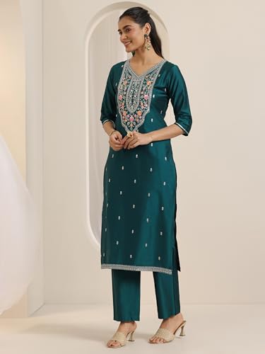 Image of Libas Embroidered Silk Blend Straight Kurta with Trouser and Dupatta | Ethnic Wear |Wedding Dress | Ocassion Wear