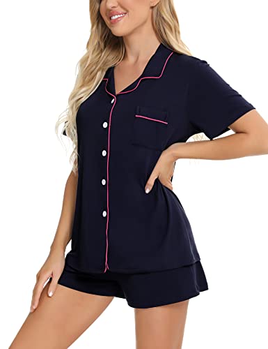 Image of SWOMOG Womens Button Down Pajamas Set Short Sleeve Sleepwear Bride Soft Pj Lounge Sets XS-3XL