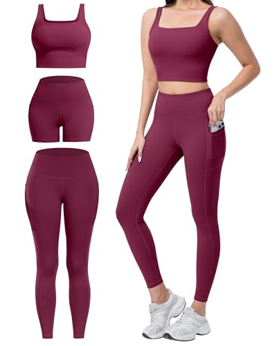 SALSPOR 3 Piece Workout Sets for Women High Waisted Leggings