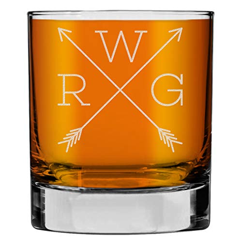 Personalized Etched 11Oz Whiskey Glass - Custom Engraved Bourbon Christmas Gifts For Men, Dad Scotch Drinking Birthday Glasses, Groomsmen, Liquor Cocktail Rocks Old Fashioned, Arrow Monogram #TOP13