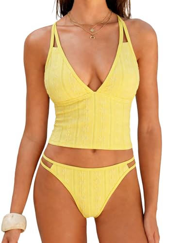 Image of ZAFUL Tankini Swimsuits for Women V Neck Dual Straps Cropped Bikini Swimsuit High Cut 2 Pieces Bathing Suit