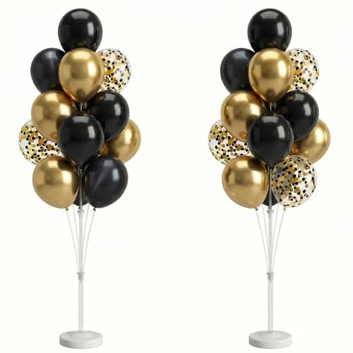 Image of Balloon Column Stand Kit,2 Sets of Assorted Rainbow Balloon Tower Pillar with 10inch Bright Color baloon Reusable Design for Grirls Party,Birthday, Wedding,Baby Shower (Black Gold Confetti)