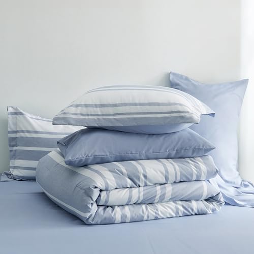 Image of Bedsure Twin XL Comforter Set 5 Pieces, Blue Striped Bedding Set for All Seasons, Reversible, Cationic Dyeing Bed in a Bag with Comforter, Sheets, Pillowcase & Sham