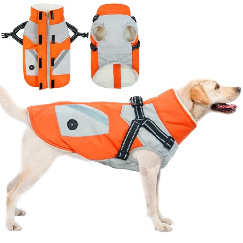 Hundemantel Winter, Winterjacke Hund mit Geschirr Hunderegenmantel Winter Hundepullover Fleece Hundemantel Wasserdicht Warm(Orange, M)