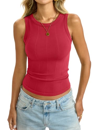 Image of EasyGala Womens Ribbed Seamless Tank Knit Crew Neck Shirt Summer Fitted Sleeveless Top Casual Basic High Neck Clothes