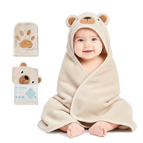 CuddleBug Ensemble Cape de Bain Bébé à Capuche et Gant de Toilette - 100% Coton Éponge Doux et Absorbant - Sortie de Bain Nouveau-né et Enfant (85 x 85...