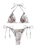 RoseSeek Women's High Waisted Bikini Set Graphic Tie Back Swimsuit with Tie Side Thongs Bathing Suit Brown and White S