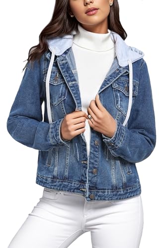 MISS MOLY Denim Jackets For Women Detachable Hoodie Button Down Causal Jean Jacket Coat