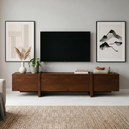 IDIMEX Meuble TV Leila L 220 cm en Bois Massif Coloris Châtaignier avec 2 Portes et 1 Abattant avec Étagères, Convient pour TV jusqu'à 249 cm (98