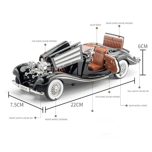 Image of 1:24 Benz 500K Toy Car Model, Diecast Collectible Pull Back Model Car with Sound and Light, Retro Classic Car Toy Gift Vehicles for Adults, Kids, Boys, and Girls (Black)
