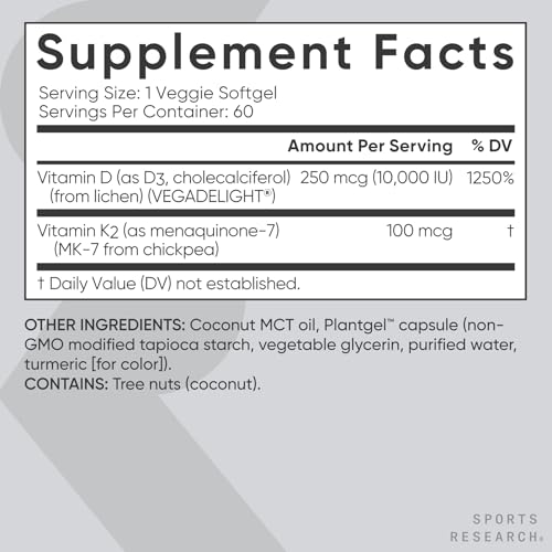 Image of Sports Research Vitamin D3 + K2 with 10,000iu of Plant-Based D3 & 100mcg of Vitamin K2 as MK-7 | Non-GMO Verified & Vegan Certified 60ct