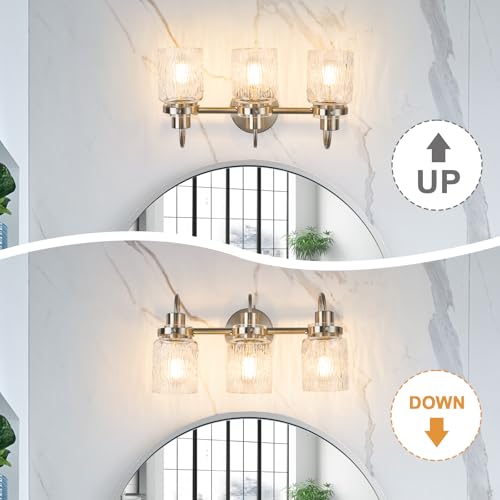 Image of 3 Lights Hammered Glass Bathroom Vanity Light,Brushed Nickel | Easy Installation,Up or Down,Farmhouse Modern Style,E26 Socket,ETL Certification