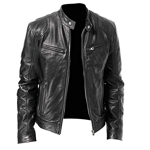Veste de motard en cuir pour homme - Veste de moto vintage pour homme - Col montant - Blouson bomber en cuir vieilli pour homme, Noir , XXXXL