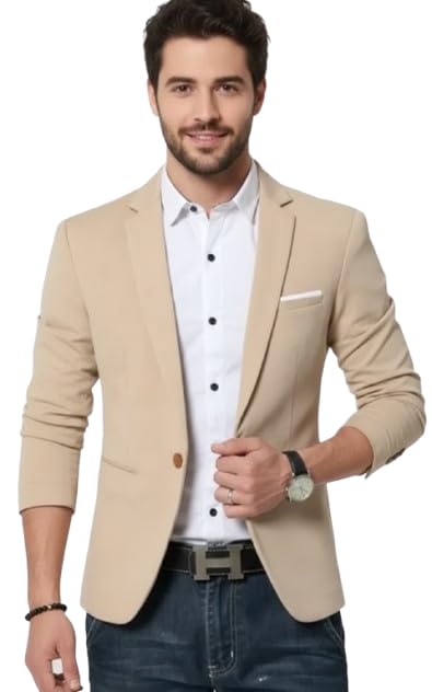 Men's Beige Blazer, Single Button, Slim Fit, Formal Casual Jacket