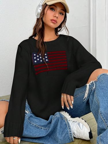 Image of SweatyRocks Women's Flag Pattern Long Sleeve Round Neck Sweater Casual Loose Pullover Sweater