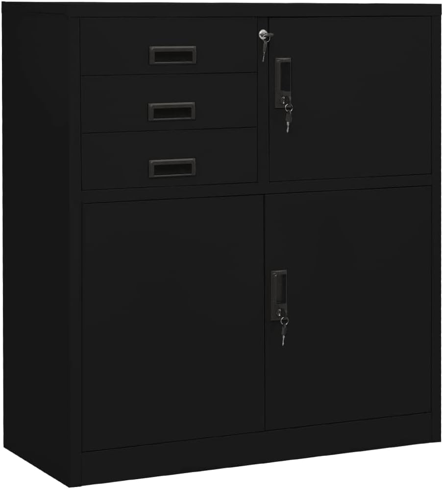 Black Steel Office Cabinet with Height-Adjustable Shelves and File Storage, Medium Size, Secure Locking System, Durable Construction for Workspace Organization