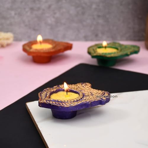 Image of Ascension 3 Shree Designer Wax Candle Deepak Special Reusable Diya Colourful Earthen Designer Diya Handmade Mitti Ke Deepak Diye Terracotta Decorative Diwali Deepak