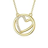 14K Real Gold Heart Pendant Necklace for Women,Yellow Gold Sacred Geometry Round Circle Necklaces with 5A Cubic Zirconia,Christmas Anniversary Birthday Gifts for Wife Girls 16''-18''