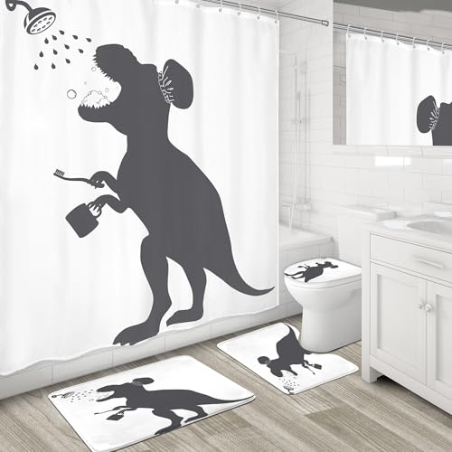 Image of 4PCS Kids Dinosaur 71Wx71H Inches Funny Animal Dino Silhouette Shadow Shower Curtain Sets with Rugs, Toilet Lid Cover and Bath Mat, Cute Bath Accessories Art Home Decor Fabric 12 Pack Hooks