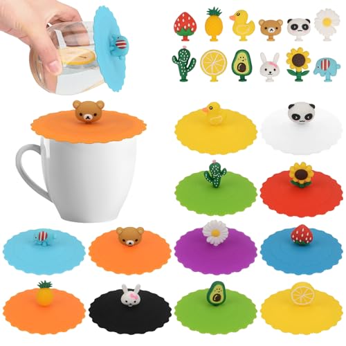 12 Pièce Couvercle de Tasse de Silicone, Ronde Couvercles de Tasse Verre avec Poignée, Réutilisables Anti-Poussière Couvercle Tasse, pour Maison, Bureau,...