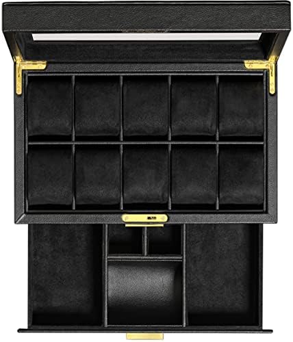 ROTHWELL 10-Slot Watch Box in Leather with Valet Drawer, Luxury Watch Case Display Organizer with Ultra Soft Microsuede Liner, Jewelry and Sunglass Holder With Large Glass top (Black/Black)