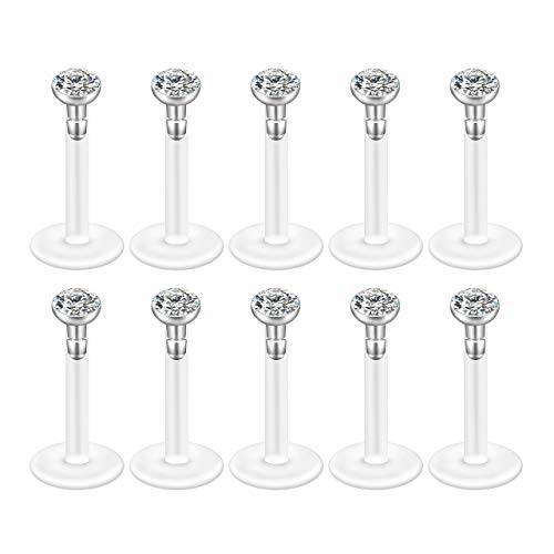 JOVIVI 10pcs 16G 2mm Czech Crystal Clear Flexible Bioflex Acrylic Bar Labret Monroe Studs Lip Rings Helix Stud Earrings Ear Nose Piercing Body Jewelry