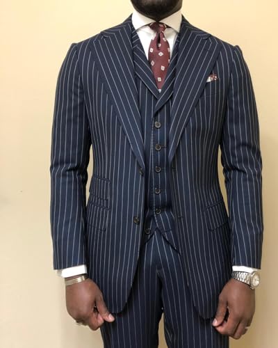 Men's Pinstripe Suit 3 Piece Classic Fit Slim Fit Suit Tuxedo Jacket Vest Pants Casual Suit for Business Wedding Prom2