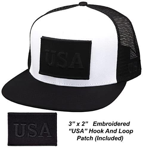 Image of Antourage American Flag Unisex Baseball Hat for Men and Women | USA Flag Mesh Snapback Flat Visor Cap + 2 Patriotic Patches