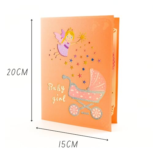 DORAFIORA® Pop-Up Karte Baby – 3D Glückwunschkarte zur Geburt/Taufe | Feen-Kinderwagen | Für Jungen & Mädchen | Inkl. Umschlag (Baby Pink)