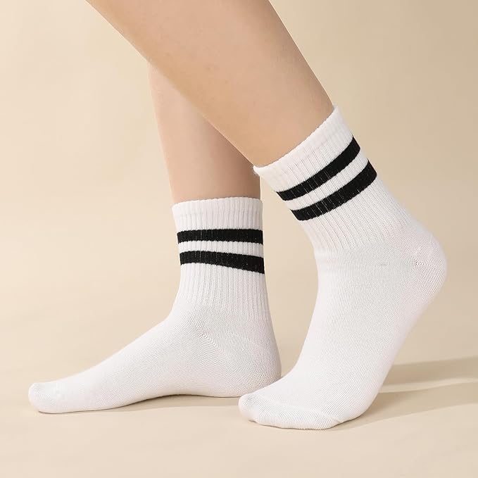 WKLOUYHE 6 Pairs Striped Crew Socks Tennis Socks Sports Socks Boy Girl White Sports White Crew Socks School Casual Work Walking_Free Size 2