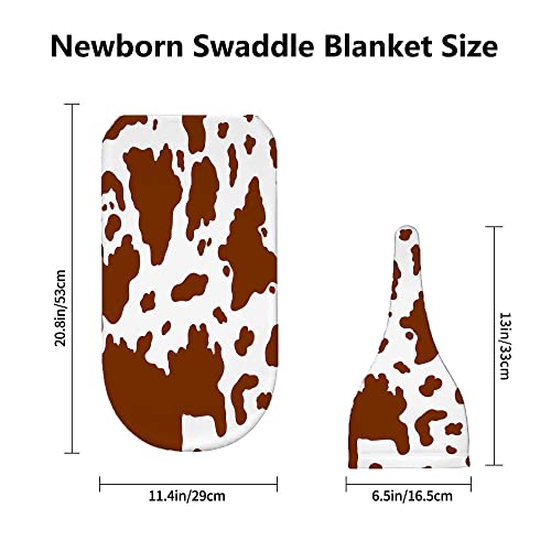 Image of Brown Cow Print Newborn Swaddle Blankets with Hat Sets,Newborn Receiving Blanket for Boy Girl,Swaddle Sack Shower One Size
