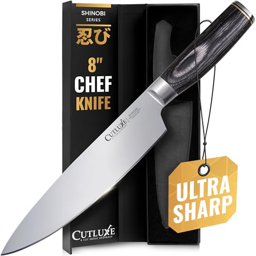 Cutluxe Chef Knife – Ultra Sharp 8" Japanese Kitchen Knife, High Carbon Stainless Steel Blade, Full Tang Pakkawood Handle – Shinobi Series by Cutluxe - Used condition - US$22.46
