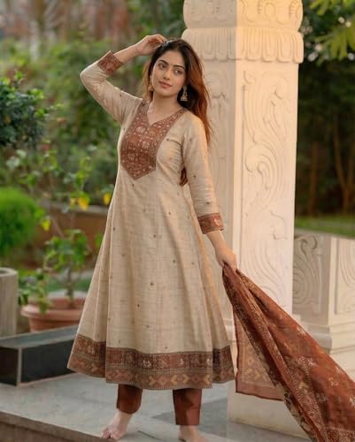 Image of ANNI Designer Kurta Sets for Women Viscose Printed | Kurta Pant Dupatta Set | A-Line Kurti Set for Women | Round Neck 3 /4 Sleeve Ethnic Suit | Designer Indian Kurti Outfit with Pants
